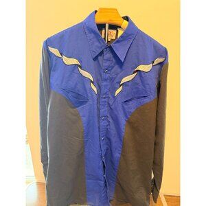 Vintage Ely Diamond Western Shirt Pearl Snap Blue Black Embroidered Silver L